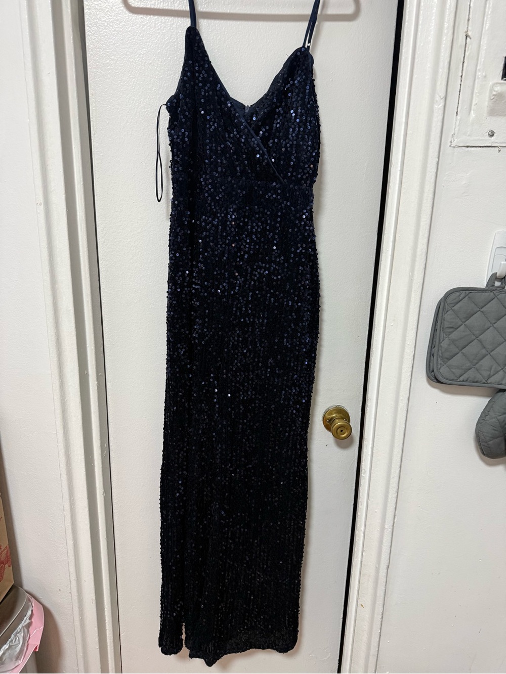Women’s Navy Sequin Spaghetti-Strap Evening Jumpsuit